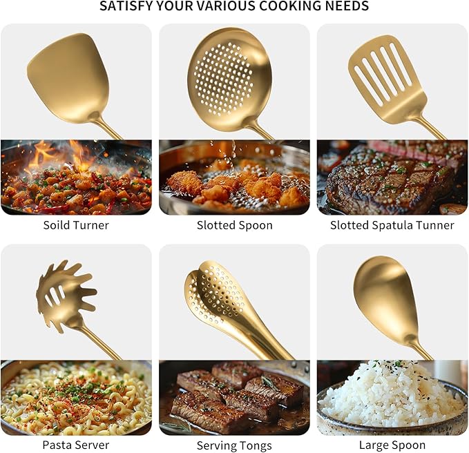 304 Stainlss Steel Matte Kitchen Utensils Set, 11 Pcs Long Metal Cooking Utensil Gadgets Tools Set with Spatula, Spoon, Ladle, Skimmer, Tunner, Pasta Server, Tongs(Gold, Dishwasher Safe)-Ruum Studio Home