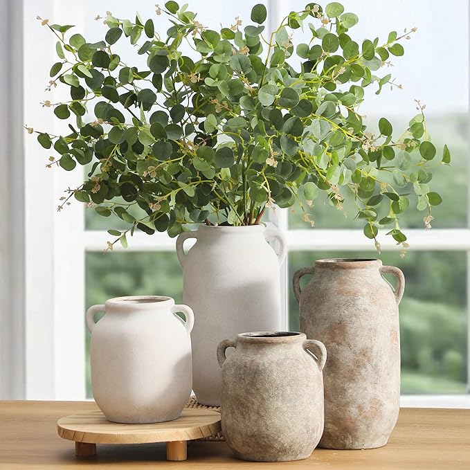 Ceramic Flower Vase Home Decor - 7.6 Inch Farmhouse Rustic White Table Vases with Handle Living Room Decoration Decorative Vintage Pottery for Kitchen Shelf Coffee Dining Desk Bookshelf Fireplace-Ruum Studio Home