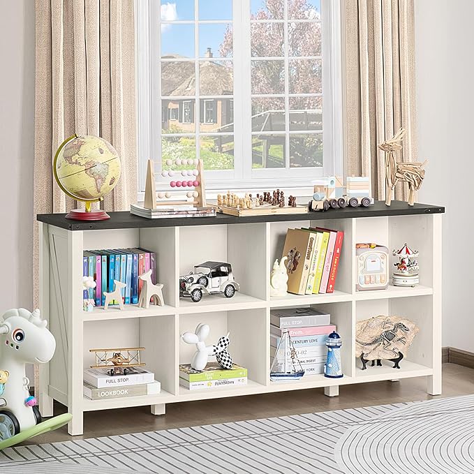 8 Cube Book Shelf, Farmhouse Wood Long Storage Organizer Bookcase, 62" Horizontal Antique White & Black Console Bookshelf, Kids Toy Storage Cabinet, Modern Open Book Case for Playroom, Office-Ruum Studio Home
