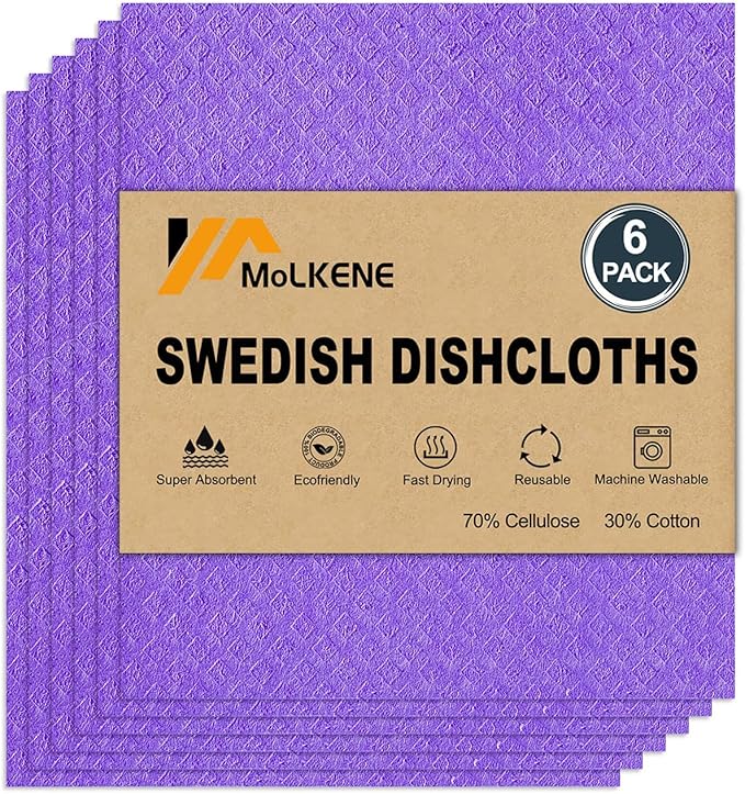 Swedish Dishcloths for Kitchen | 6 Pack Absorbent Cellulose Sponge Cloths Washable | Non-Scratch Reusable Paper Towels Quick Drying Cleaning Cloths - Purple-Ruum Studio Home