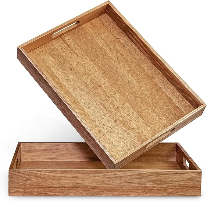 Acacia Wood Serving Tray with Handles Set of 2 – Decorative Serving Trays Platter for Breakfast in Bed, Lunch, Dinner, Patio, Ottoman, Coffee Table, BBQ, Party –Great for Lap &Couch-Ruum Studio Home