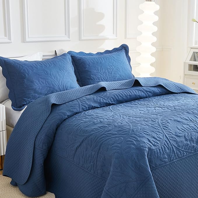 MarCielo 3-Piece 100% Cotton Oversized Bedspread Lightweight Quilt Coverlet Embroidery Farmhouse Bedding Set T0 (Midtone Blue, Oversized Queen (100"x106"))-Ruum Studio Home