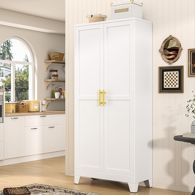 71" Tall Metal Pantry Storage Cabinet with Doors and 4 Adjustable Shelves, White Kitchen Food Pantry Cabinets, Tall Freestanding Cupboard for Kitchen, Dining Room or Living Room-Ruum Studio Home
