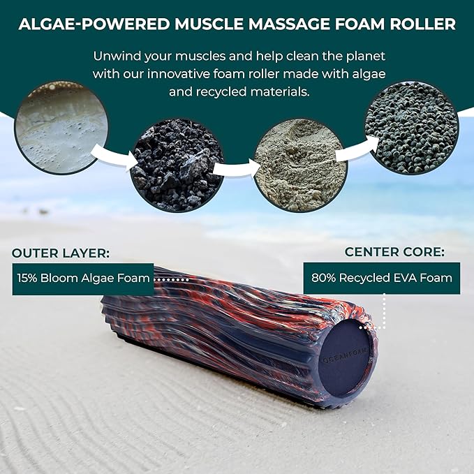 Oceanfoam Tidal Roller - Red, Dark Navy & Natural Marbled - Muscle Massage Foam Roller for Back Pain & Stretching - Firm & Ergonomic Wide Wave Textured - Yoga, Athletics, Wellness - Full Size 20" x 5"-Ruum Studio Home