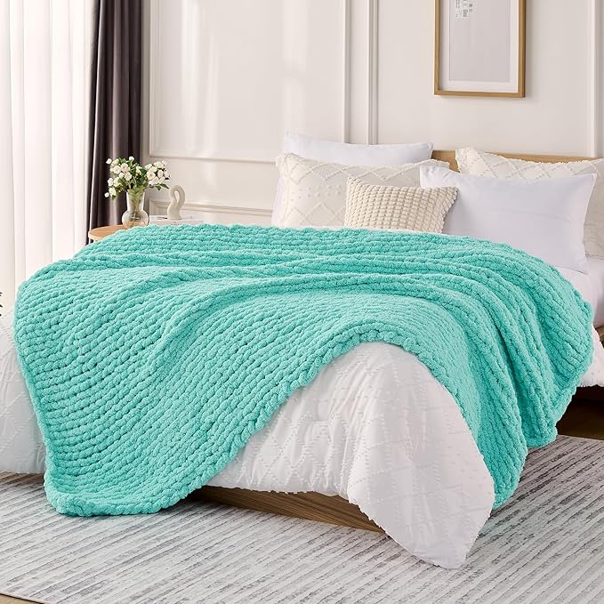 L'AGRATY Chunky Knit Blanket Throw: 60''x80'' Chenille Chunky Knitted Throw Blanket for Bed Couch - Handmade Thick Big Cable Knit Blanket - Large Crochet Rope Blanket for Home Decor(Lake Blue)-Ruum Studio Home