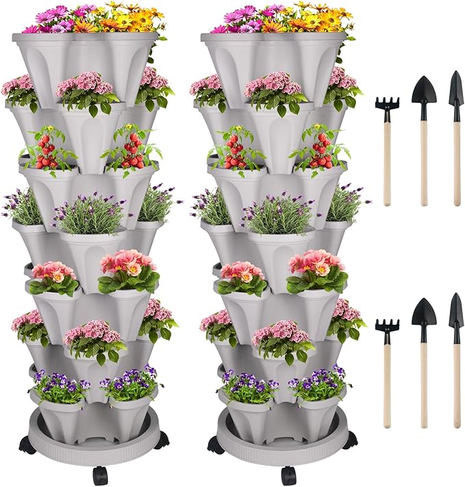 Vertical Planter 7 Tier Stackable Planters Garden Planters Strawberry Herb Flower and Vegetable Planter Indoor Outdoor Gardening Pots with Removable Wheels and Tools 2-Pack-Ruum Studio Home