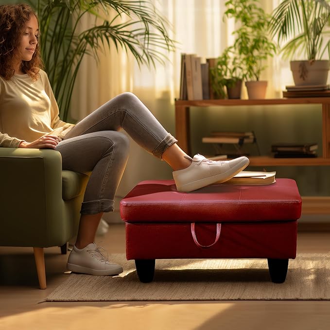 Ottoman Rectangular Storage Ottoman Bench, Faux Leather Footrest, Coffee Table, Stool Footstool with Hinged Lid for Living Room, Bedroom, Entryway, Red, 28.5"x19"x17.5"-Ruum Studio Home