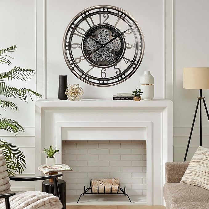 CLXEAST 21 Inch Large Moving Gear Wall Clock,Industrial Steampunk Decor,Decorative Wall Clock for Modern Farmhouse Living Room Decor,Gunmetal Silver Finish-Ruum Studio Home