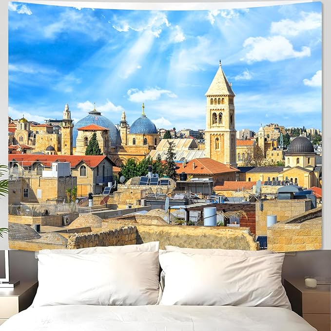 AMM Western Wall Tapestry Jerusalem Old City Church Tapestry for Bedroom Aesthetic Mediterranean Landscape Tapestries Wall Hanging for Living Room Dorm Office 80 x 60 Inch-Ruum Studio Home
