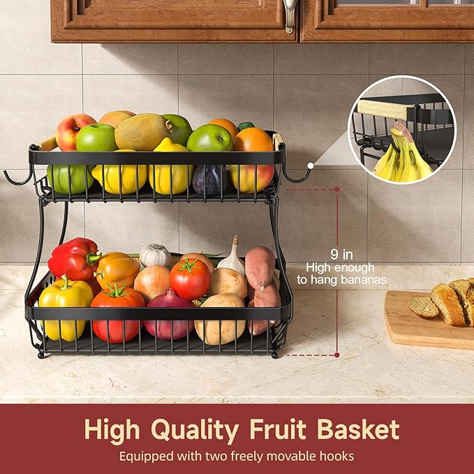 3 Tier Fruit Basket for Kitchen Counter with 2 Mobile Banana Hangers, 2025 Pro Detachable Metal Fruit Bowl with Wooden Handle, Fruit Holder for Bread Snack Veggies with Protective Mats-Ruum Studio Home