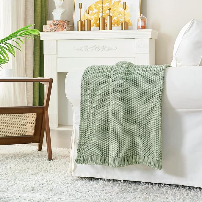 Chunky Cable Knit Throw Blanket Lightweight Light Green 100% Organic Cotton Blanket for Sofa Couch Bed Baby Nursery, Rustic Shabby Chic Modern Farmhouse, 51” x 63” Bonus Laundering Bag-Ruum Studio Home