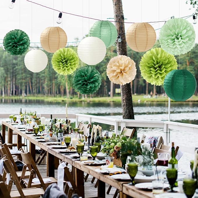 Sage Green-Boho Party-Decorations Paper Flowers Lanterns - 15PCS Birthday Gender Neutral Baby Shower Tissue Pom Poms Streamers, Champagne Gold Rustic Wedding Graduation Hanging Supplies Decor Hugfond-Ruum Studio Home