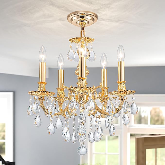 French K9 Crystal Maria Theresa Chandeliers, Luxury Vintage Pendant Light Fixture for Dining Room, Living Room, D17.7*H25~72 inch (Adjustable), Clear Crystal & Brass Finish Frame-Ruum Studio Home