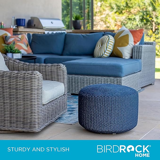BIRDROCK HOME Outdoor Pouf Ottoman | Hand Woven Waterproof Foot Stool with Bead Bag Filling | Boho Foot Rest for Patio, Living Room, Porch & Outdoor Seating | Lightweight, Soft Stuffed Chair | Navy-Ruum Studio Home