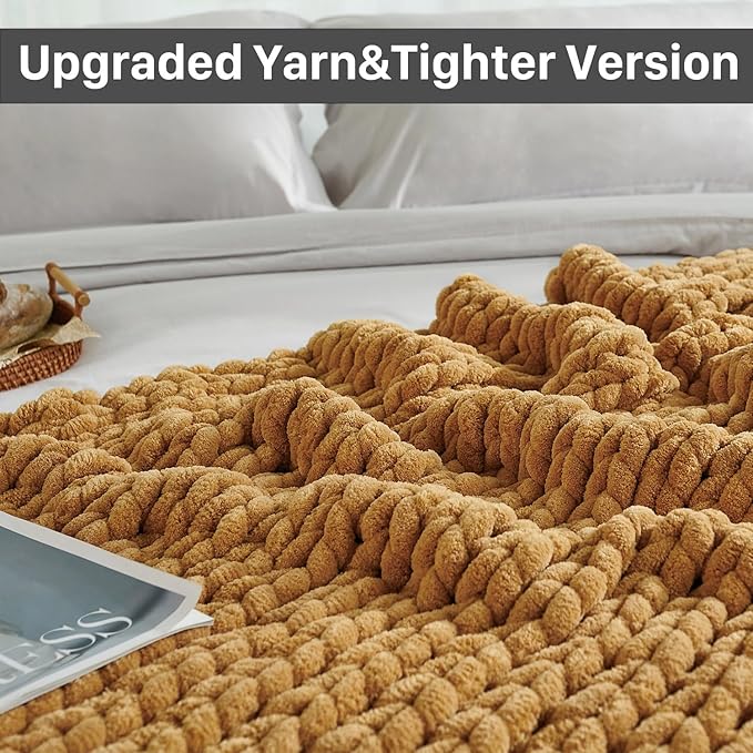 Esterra Chunky Knit Throw Blanket Newly Upgraded Heavy Tighter Version, Handmade Chenille Throw Super Soft, Thick Yarn Cable Knit Crochet Throw Blanket for Couch Bed Sofa (50"x60" Mustard Yellow)-Ruum Studio Home
