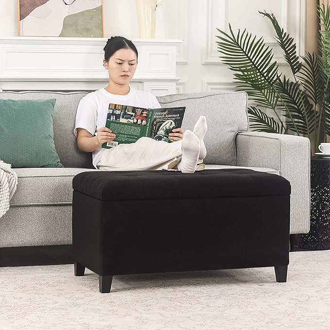 Asense Storage Ottoman Bench, Tufted Fabric Upholstered End of Bed Bench with Safety Hinge Wooden Legs, for Entryway Bedroom (Cotton and Linen Black, 33.3")-Ruum Studio Home