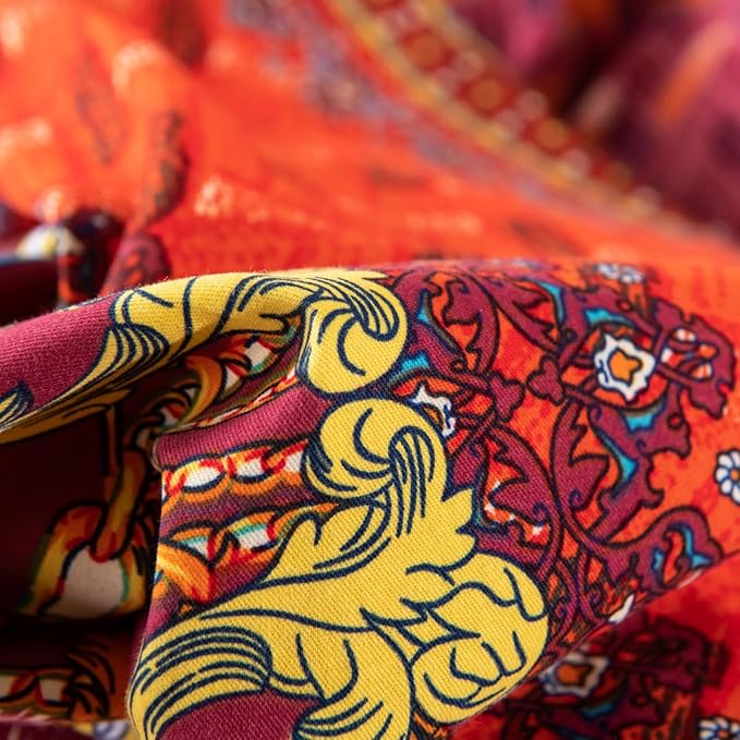 ABREEZE Bohemian Duvet Cover Set Colorful Orange Boho Retro Bedding Set Damask Paisley Cotton Duvet Cover Tribal Reversible Bedding Exotic Style Comforter Cover 3-Piece Cal.King-Ruum Studio Home