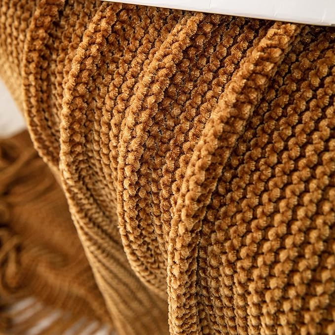 lifein Throw Blanket for Couch, Soft Boho Decor Bed Throw,Cozy Brown Knitted Chenille Small Farmhouse Lightweight Throw for Spring(Golden Brown,60 * 80")-Ruum Studio Home