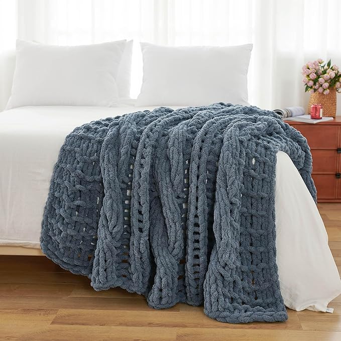 Esterra Chunky Knit Blanket Throw 50"x60", 100% Hand Knitted Chenille Throw Blanket, Cozy Soft Thick Cable Knit Throw Large Rope Knot Crochet Throw Blanket for Sofa Couch Bed, Blue Mirage-Ruum Studio Home