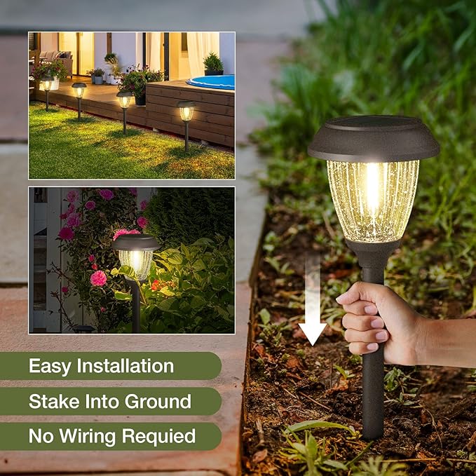 XMCOSY+ Solar Lights Outdoor 10/25 LM LED with 2 Lighting Modes, Solar Garden Lights Glass and Metal, IP65 Waterproof Solar Powered for Yard Pathway Walkway Driveway Patio (6 Pack, Warm White)-Ruum Studio Home