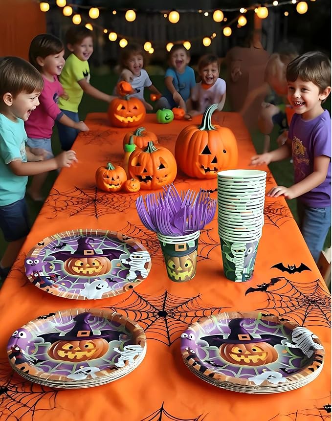 Halloween Paper Plates,Cups,Forks(96Pcs)-Disposable Party Plates Heavy Duty,Party Supplies Tableware Set|Paper Plates 9 inch & 7 inch,Spooky Decor(Flying Pumpkin,Ghost,Zombie,Bat) for Kids Halloween-Ruum Studio Home