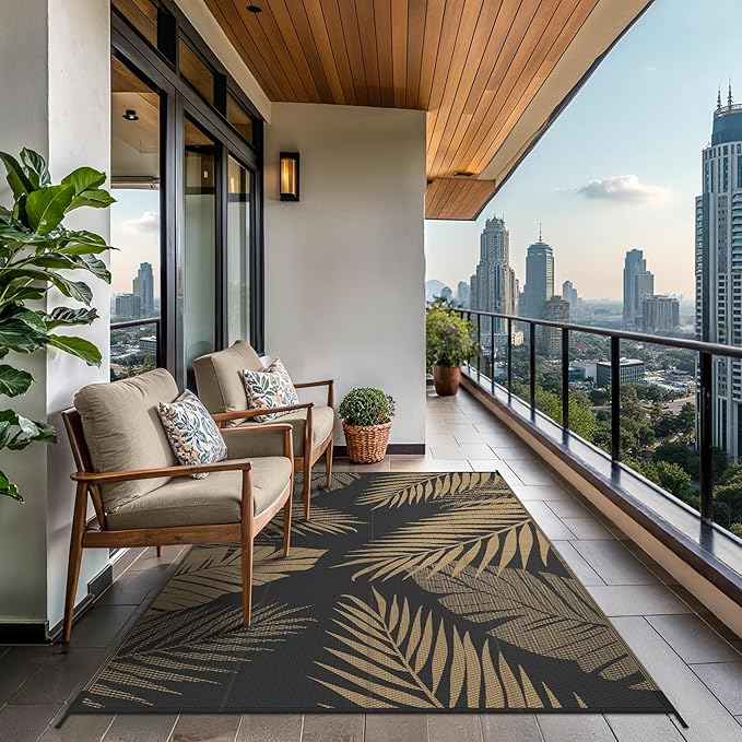 GENIMO Outdoor Rug 9' x 12' Waterproof for Patios Clearance, Reversible Outdoor Plastic Straw Camping Rug Carpet, Large Area Rugs Mats for RV, Camper, Deck, Balcony, Porch, Beach, Picnic, Black&Brown-Ruum Studio Home