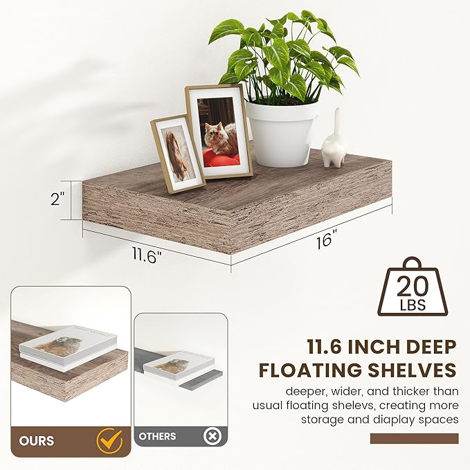 Deep Floating Shelves for Wall | 16 Inch Wide x 12 Inch Deep Floating Shelves Set of 2 | Rustic Grey Wood Wide Wall Shelves | Bookshelf Laundry Shelf TV Shelf-Ruum Studio Home