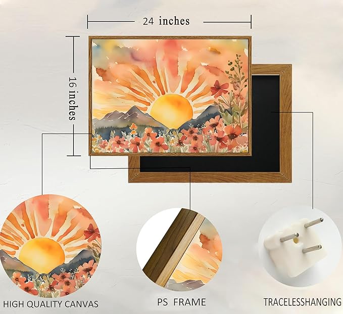 Framed Boho Sun Canvas Wall art Mid-Century Modern Abstract Bohemian Sunset in The Mountains Watercolor Wildflowers Sunrise Landscape Picture Wall Decor Poster Print Artwork for Living Room-Ruum Studio Home
