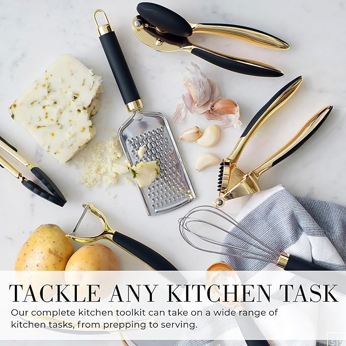 Black and Gold Kitchen Utensils - Luxe 8-Piece Gold Kitchen Tools Set with Can Opener, Pizza Cutter, Peeler, Mini Whisk, and Tongs - Stylish Accessories for Modern Cooking and Ideal for Gifting-Ruum Studio Home