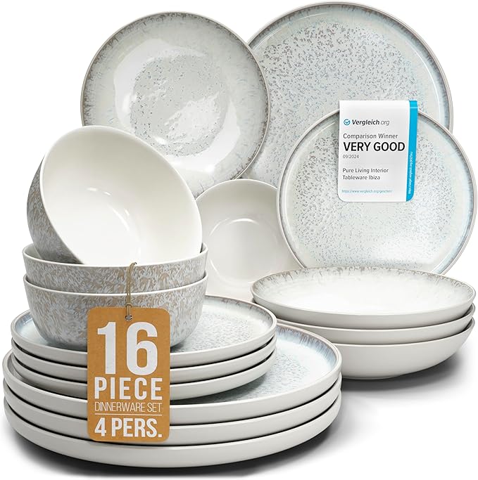 Stoneware dinnerware set 4 persons 16 pcs - Mediterranean dinnerware set, dishwasher, microwave and scratch resistant - bowl and plate set - dinnerware Pure Living Light Beige…-Ruum Studio Home
