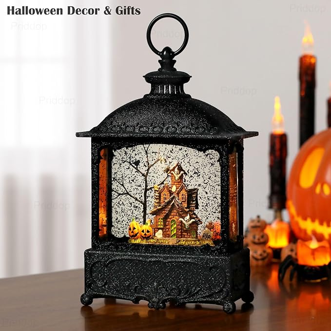 Halloween Snow Globe Lantern Haunted House Pumpkin Ghost Tree Crow Rip Dancing Bats with Timer, USB and Battery Powered 12 inch-Ruum Studio Home