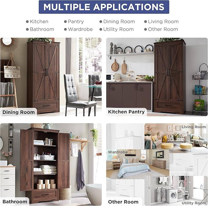 JXQTLINGMU Farmhouse Kitchen Pantry Cabinet - 72" Tall Wood Kitchen Storage Cabinets with Adjustable Shelves & 2 Barn Doors & Drawer, Versatile Storage for Dining Room, Bathroom, Rustic Brown-Ruum Studio Home