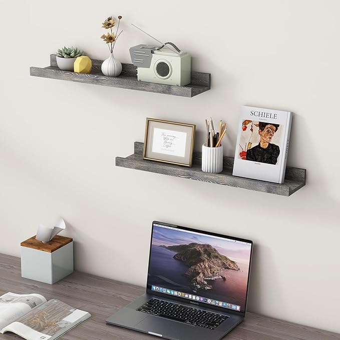 24 Inches Floating Shelves for Wall, Solid Pine Wood Picture Ledge Shelves, Wall Shelves with Lips, Nursery Book Shelves for Toys Storage Living Room Bedroom Photo Frames (2 Pcs, Grey)-Ruum Studio Home