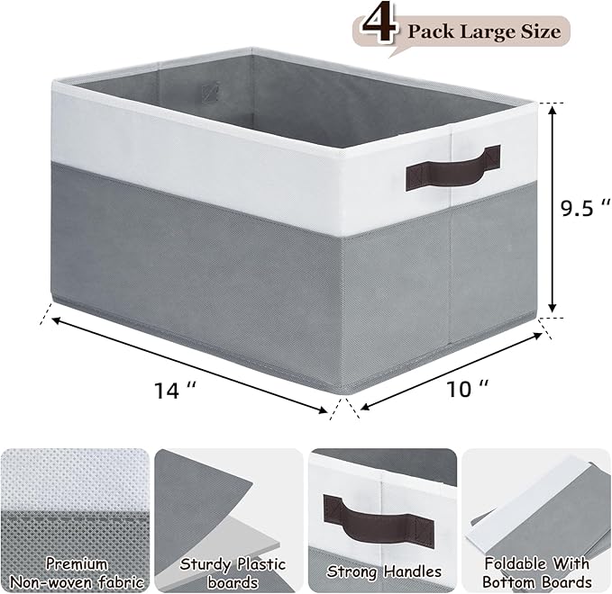 Criusia 4 Pack Large Storage Baskets for Shelves | Fabric Closet Organizers and Storage Bins with Handles Home Organization | Decorative Collapsible Baskets for Organizing Clothes Toy Nursery 14"x10"-Ruum Studio Home