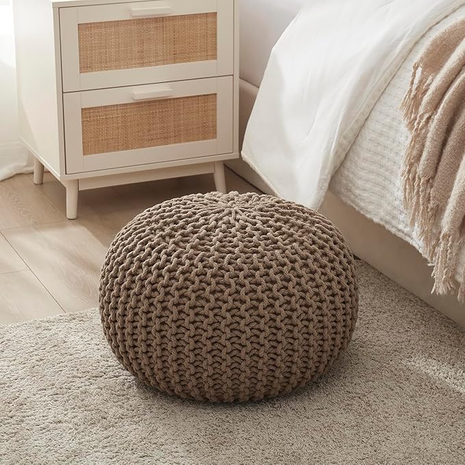 Ornavo Home Pouf Ottoman Foot Rest - 100% Cotton Pouffe - Hand Knitted Cable Braid Cord - Boho Round Stuffed Ottoman for Living Room, Bedroom - Taupe/Brown-Ruum Studio Home