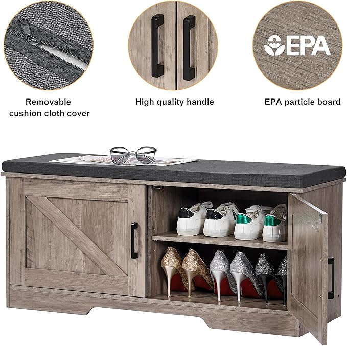 2-Tier Storage Bench, Shoe Bench with Padded Seat Cushion, Entryway Bench with 2 Barn Doors, Adjustable Shelf, 13.8" D x 39.4" W x 17.7" H, for Entryway, Living Room, Bedroom, Greige-Ruum Studio Home