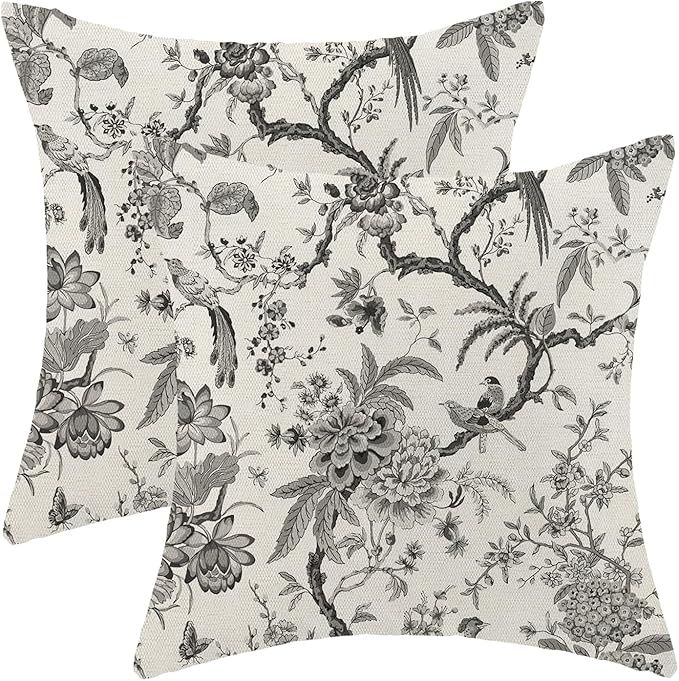 CXMEIFLY Spring Floral Birds Pillow Covers 18 x 18 Inch Set of 2 for Chinoiserie Flowers Decor Throw Pillows Black and White Plant Outdoor Decorative Cushion Cases for Couch Bed Decorations-Ruum Studio Home