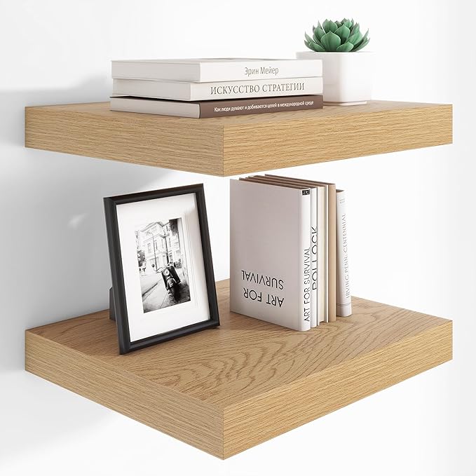 Heimlove 12 Inch Deep Floating Shelves, 16 x 12 inches Long Wall Shelf, Large Extra Display Shelf & Storage Shelf, Rustic Wood Wall Shelves for Fireplace Mantel, Oak - 2Pack-Ruum Studio Home