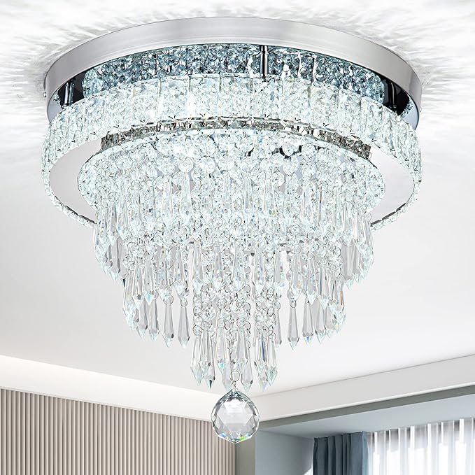 16“ Crystal Chandeliers Light Flush Mount Ceiling Light Fixtures Round Modern LED Chandelier for Living Room Bedroom Dining Room Closet Hallway (Cool White)-Ruum Studio Home