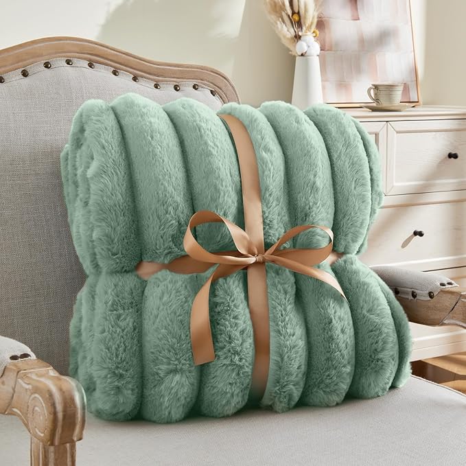 BEDELITE Faux Rabbit Fur Blanket, Luxurious 3D Striped Spring Blanket for Decor & Gift, Soft and Warm Plush Fluffy Faux Fur Throw Blanket All Seasons Suitable, (Sage Green, 60"x 80")-Ruum Studio Home