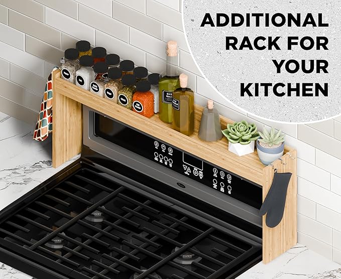 Edgecrest Bamboo Over The Stove or Sink Modern Spice Shelf, No Annoying Middle Screw, 31.5” Wide Storage, 11.4” High Countertop Shelf, 6 Side Hooks, Easy to Assemble, Eco-Friendly Durable Material-Ruum Studio Home