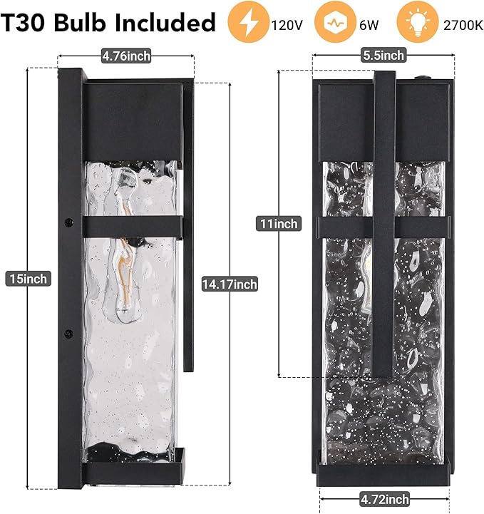 Hammered Glass Outdoor Wall Lantern, Dusk to Dawn Wall Sconce Lighting, 2 Pack Outdoor Light Fixtures, Exterior Porch Light with Waterproof, Modern Wall Lamp for Garage, Doorway, Patio(Bulb Included)-Ruum Studio Home