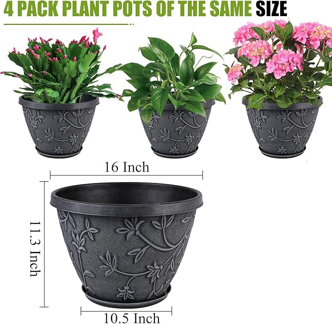 4 Pack 16 Inch Large Plant Pot for Outdoor, Plastic Flower Pot Indoor with Drainage Hole & Saucer, Modern Decorative Garden Pot, Imitation Magnolia Garden Pots for House Planters（Gray）-Ruum Studio Home