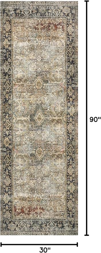 Loloi Layla Collection LAY-03 Olive/Charcoal 2'-6" x 7'-6" .13" Thick Runner Rug, Soft, Durable, Vintage Inspired, Distressed, Low Pile, Non-Shedding, Easy Clean, Printed, Living Room Rug-Ruum Studio Home