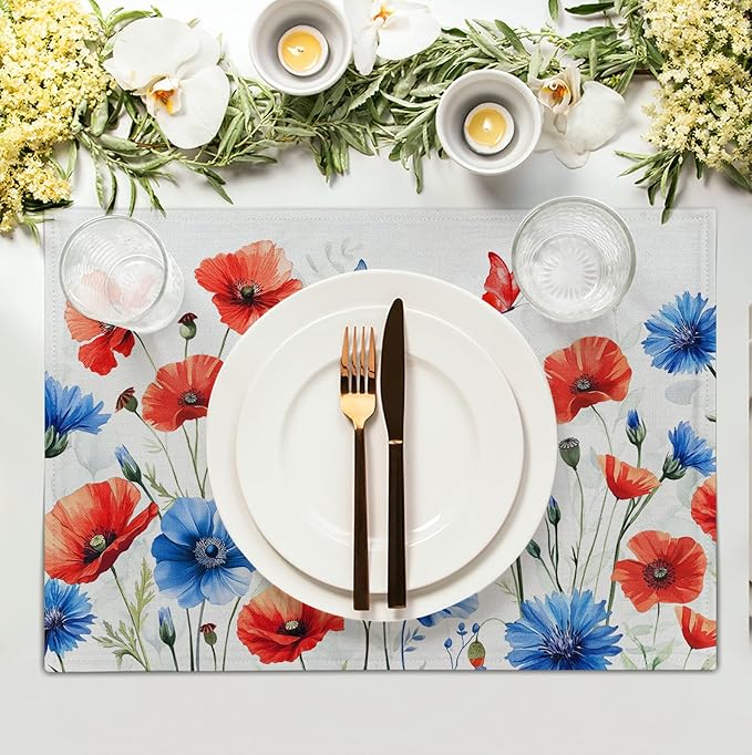 4th of July Floral Placemats Set of 4 Patriotic Summer Red Blue Flowers Linen Fabric Table Mats America Memorial Day Independence Day Place Mats for Party Kitchen Dining Decoration-Ruum Studio Home