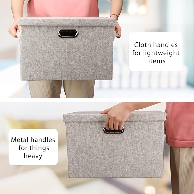 Large 17" 36 Quart Collapsible Stackable Storage Bins with Lids, 5 Packs Beige Linen Fabric Closet Boxes with Lids, Storage Cube Baskets Container Organizers for Bedroom Office(17 x12 x11)-Ruum Studio Home