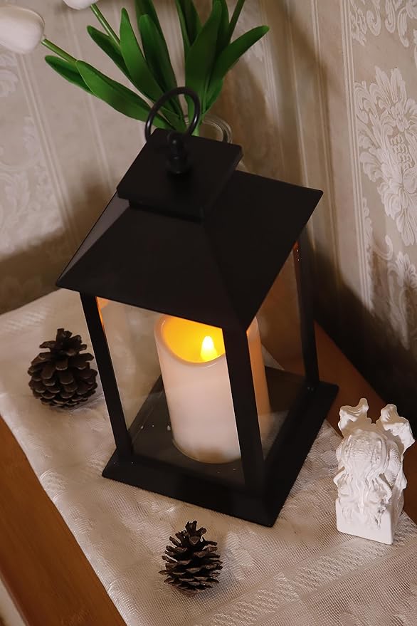 YAKii Hanging Glass Panes Lantern Portable Led Lantern Decorative Operated by 3AAA Battery Use for Garden Yard, Indoor Decoration Candle (Black)-Ruum Studio Home