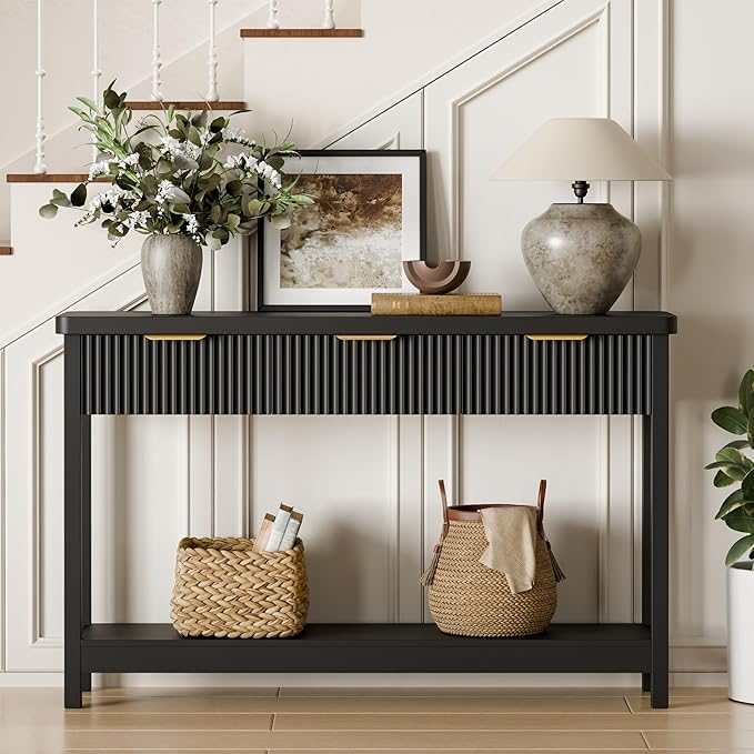 Lulive 51" Fluted Console Table for Entryway, Entryway Table with 3 Wooden Drawers, Farmhouse Behind Sofa Table for Living Room, Hallway, Couch, Foyer-Ruum Studio Home