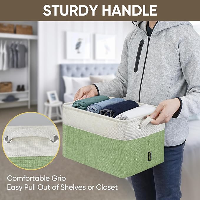 BALEINE 2 Pack Fabric Storage Bins for Shelves, Linen Storage Baskets for Organizing, Decorative Closet Bins for Clothes, Home (Green, 15''x11''x9.5'')-Ruum Studio Home