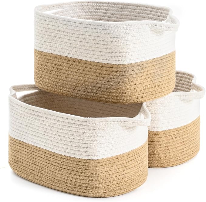 Cotton Rope Woven Storage Basket, Used for Baby Hamper Toy Organizer, Gift Baskets Empty,Kids Laundry Basket,Baby Blanket Storage. Size 15x10x8.7 Inches. (White&Khaki-3PCS)-Ruum Studio Home